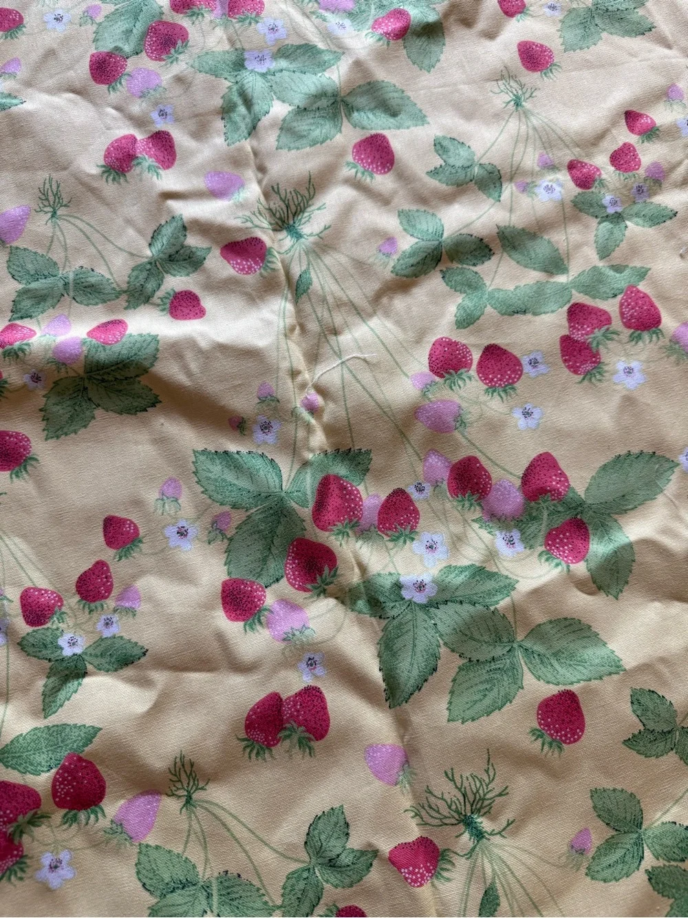 74” L X 52” W yellow with strawberries homemade tablecloth